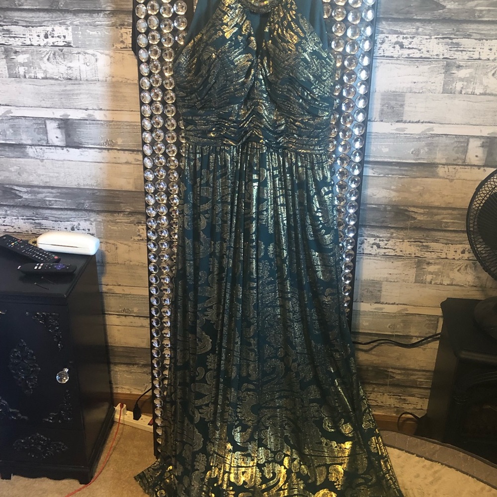 Floor length deep jewel tone green and gold gown.